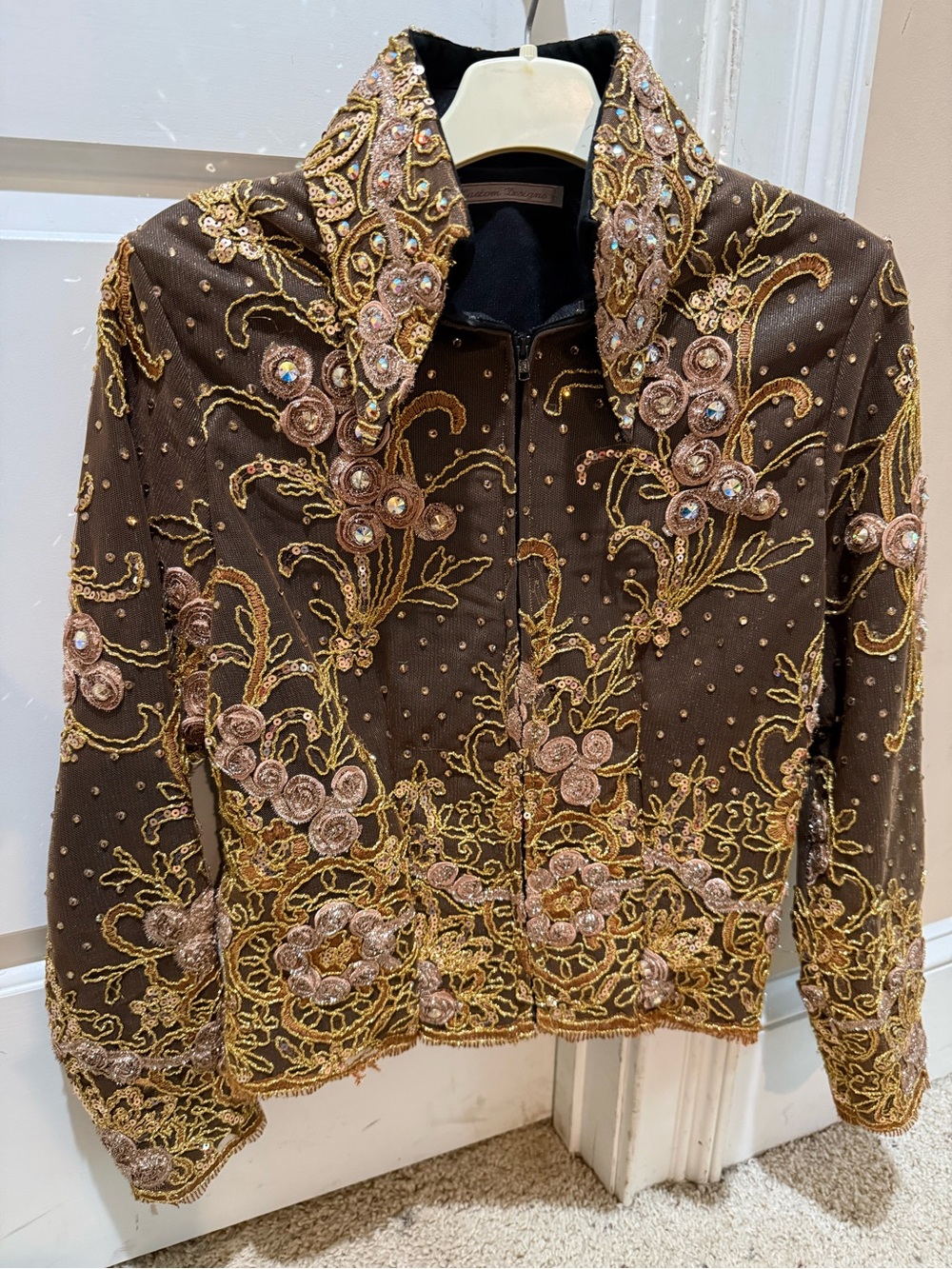 LR Customs brand gorgeous Embellished Brown Floral Jacket with Gold Embroidery